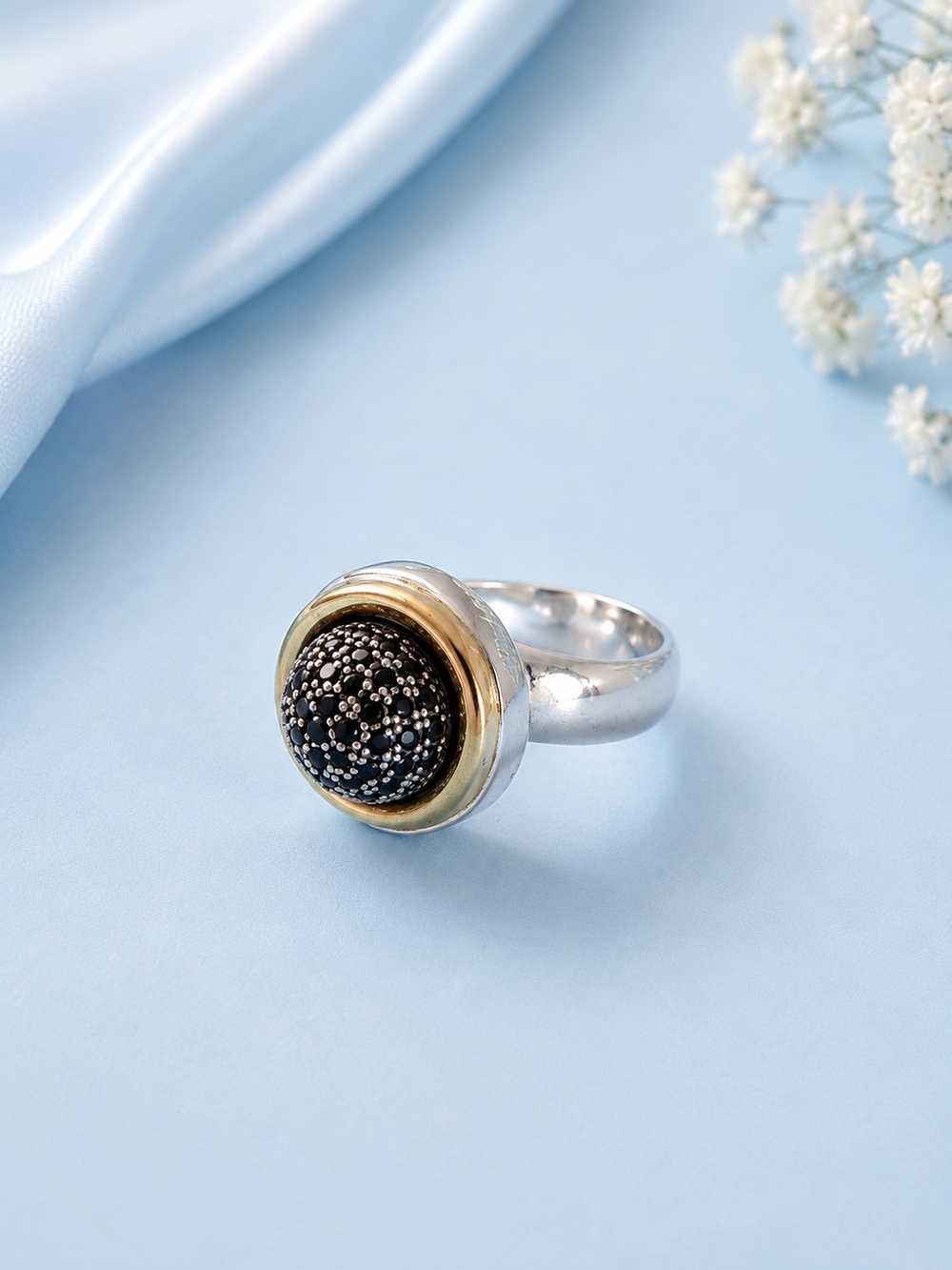 Sterling Silver and Gold Accent Black Pavé Dome Ring